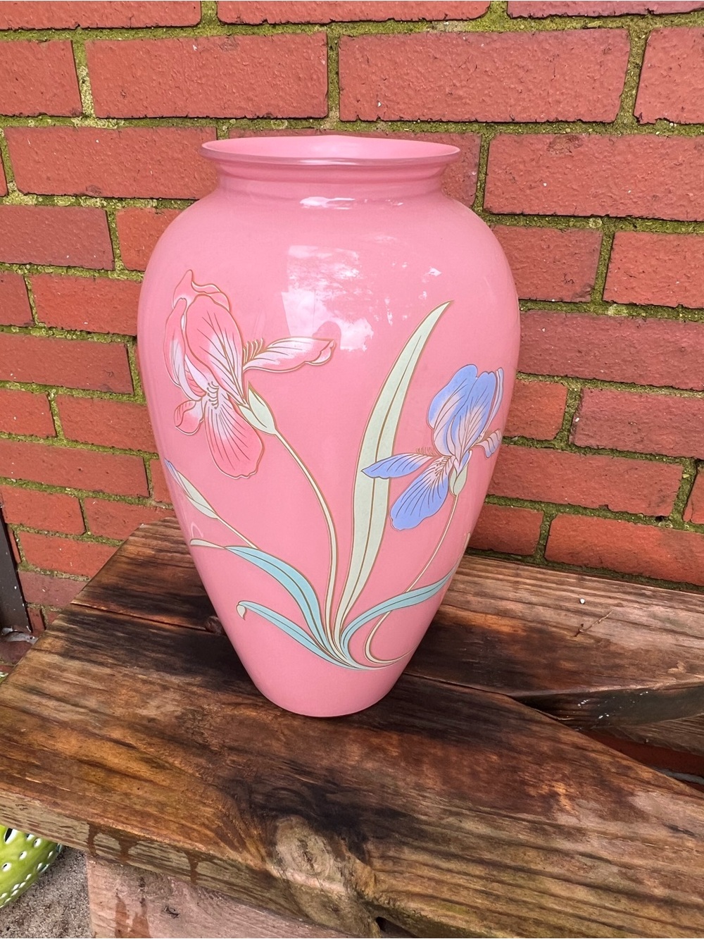 Vintage 1980s Pink Ceramic Floor Vase with Hand-Painted Art Deco Iris Design